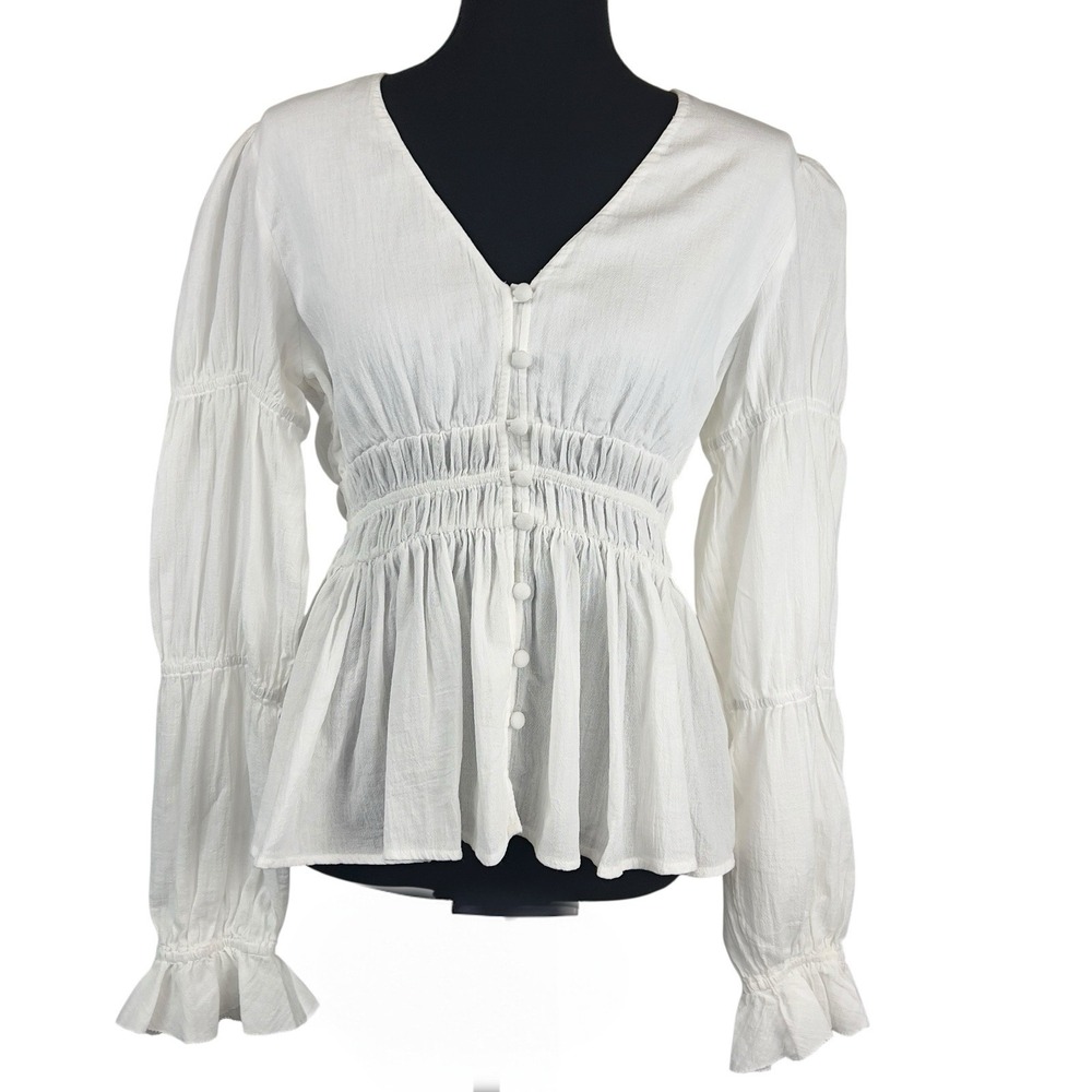 Faherty Colette Organic Cotton Blouse Small Boho Smocked Ruffle Button Front NEW